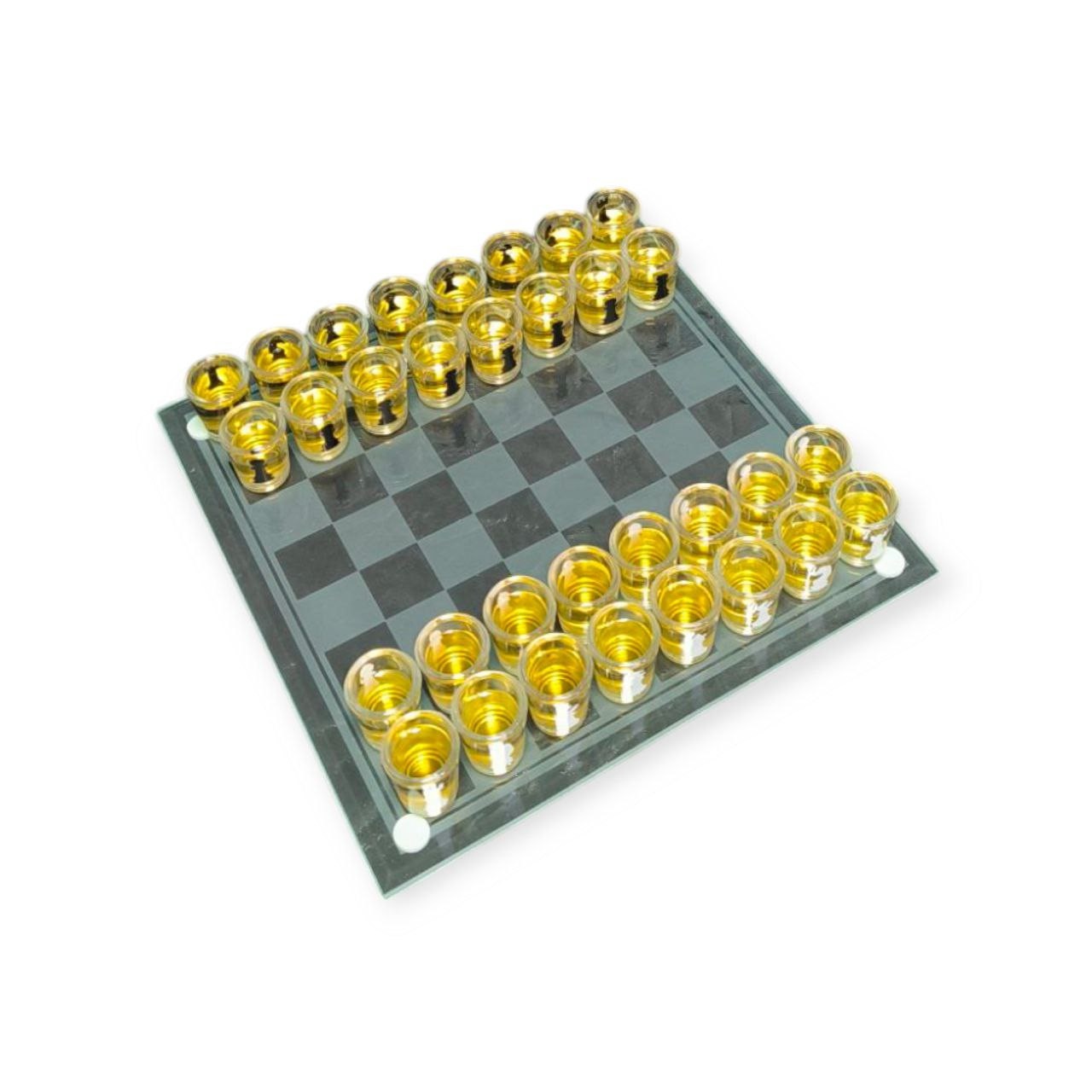 Подарунковий набір шахів зі скляною дошкою 24х24 см та фігурами-чарками 086М