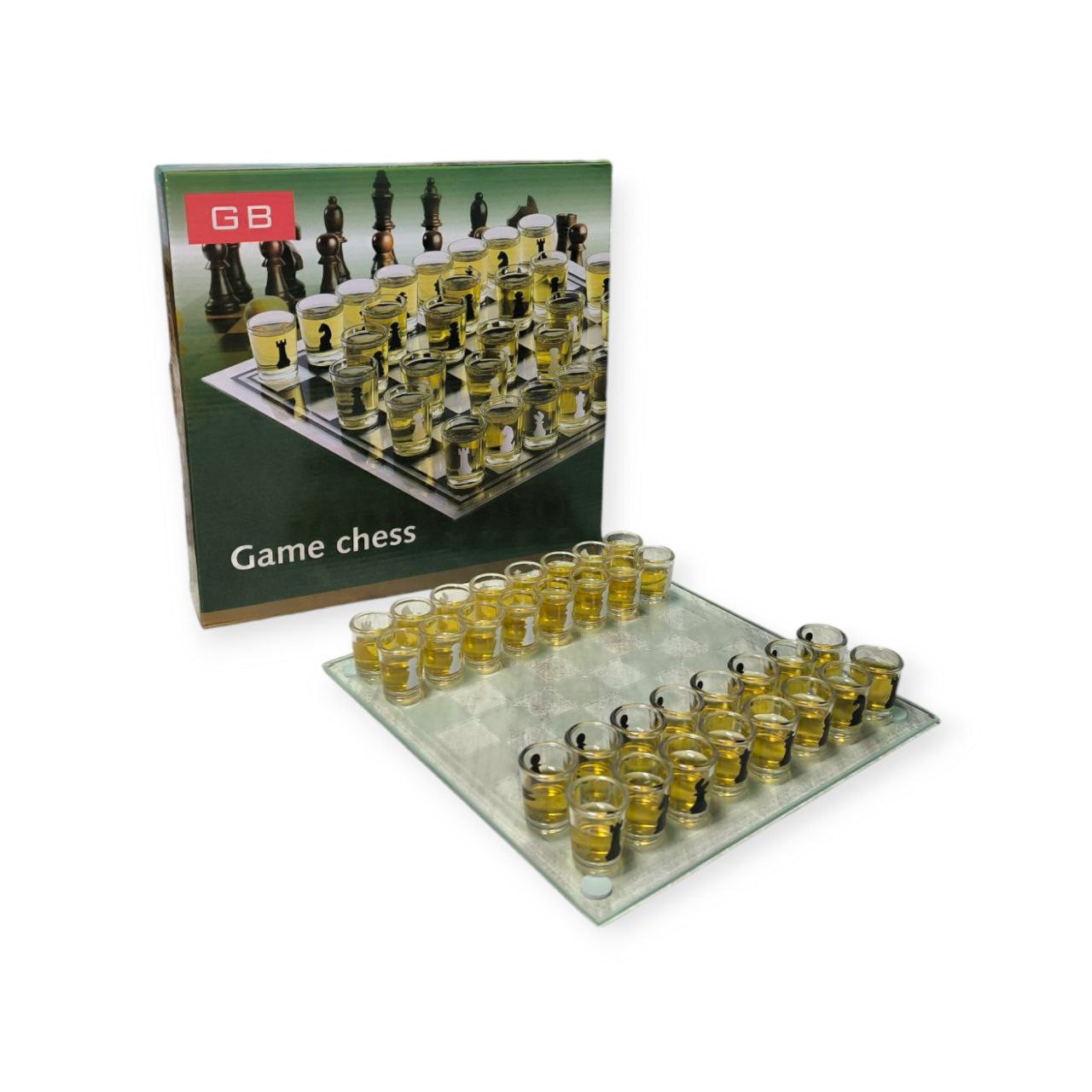 Подарунковий набір шахів зі скляною дошкою 24х24 см та фігурами-чарками 086М
