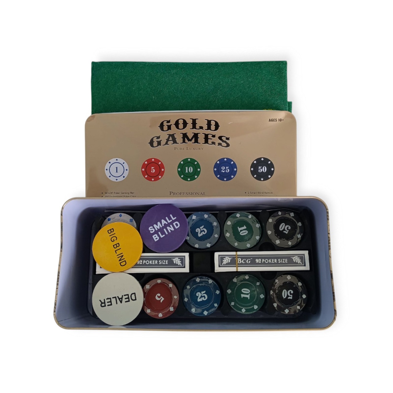 Набір для гри в покер у металевій коробці GOLD GAMES 200 фішок з сукном 6620J