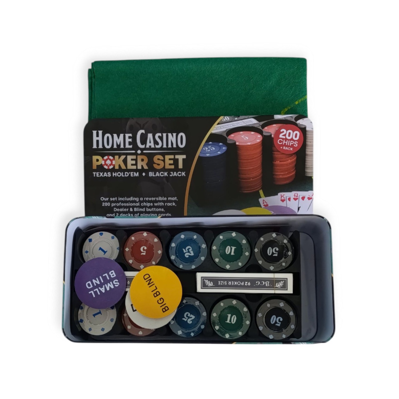 Набір для гри в покер у металевій коробці 200 фішок з сукном 6620С