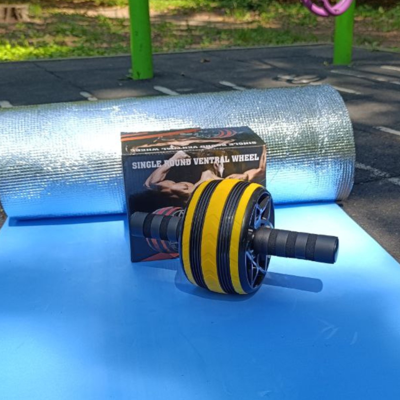 Ролик для преса одноколесний чорно-жовтий з килимком PO-1613-yellow